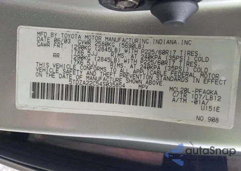 2004 Toyota Sienna Xle Limited z USA, uszkodzony, nr VIN 5TDZA22C54S035854